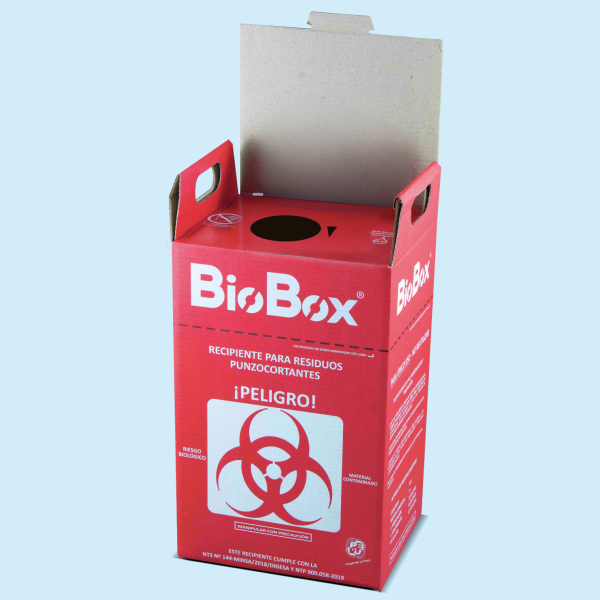 Recipiente para la eliminación de residuos punzocortantes biocontaminados de cartón microcorrugado BIOBOX